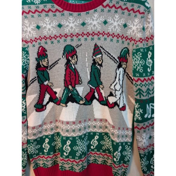 The Beatles Ugly Christmas Sweater Size Small Green Elf Abbey Road Festive Fun - Picture 2 of 6